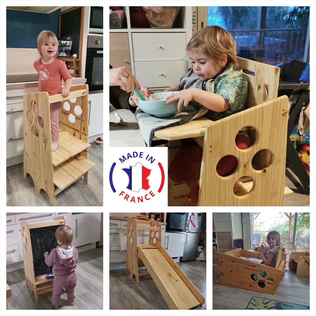 5 positions différentes de ma tour montessori artisanal personnalisée. observation, bureau, chaise haute, toboggan, tableau