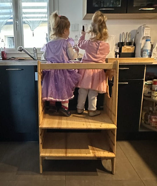 Tours Montessori pour jumeaux en bois naturel – fabrication artisanale française Montessourire. évolutif 5 en 1 en bois FSC.